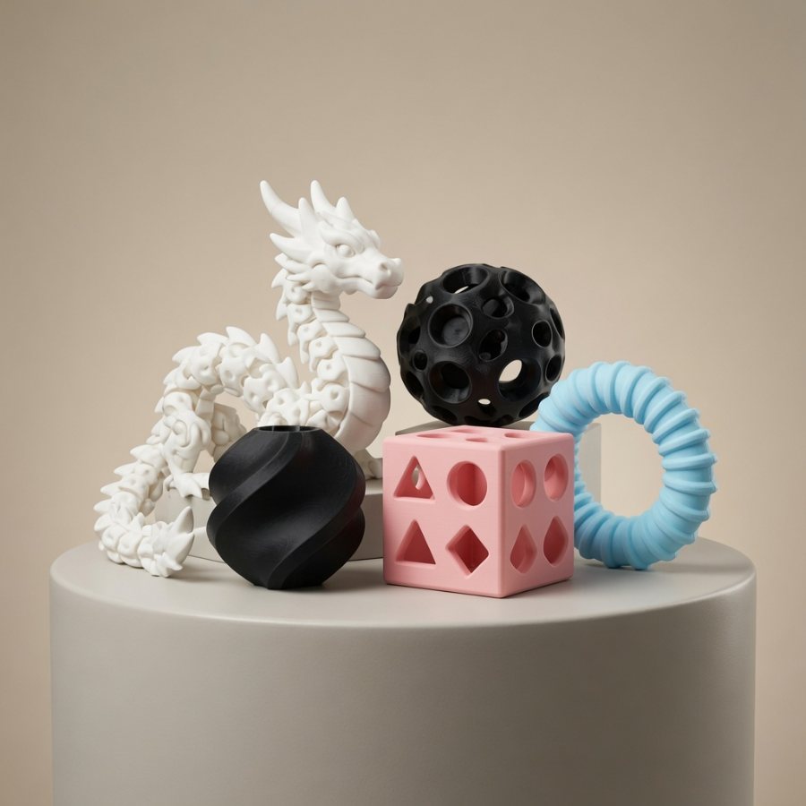 PURE filament printed pieces — dragon, shape sorter, teether ring